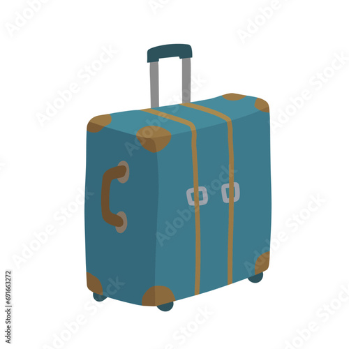 Suitcase on wheels. Vintage green travel bag. Tourist case isolated on white