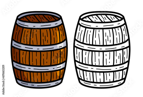 Wooden barrel. Rustic oak cask with beer, wine or whiskey. Set of Vintage traditional storage container. Collection of Retro hand drawn illustration isolated on white background.