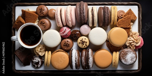 A dessert platter with miniature Ã©clairs, macarons, and chocolate truffles - Elegant and decadent - Soft, ambient lighting for a sophisticated dessert spread - Overhead shot, 
