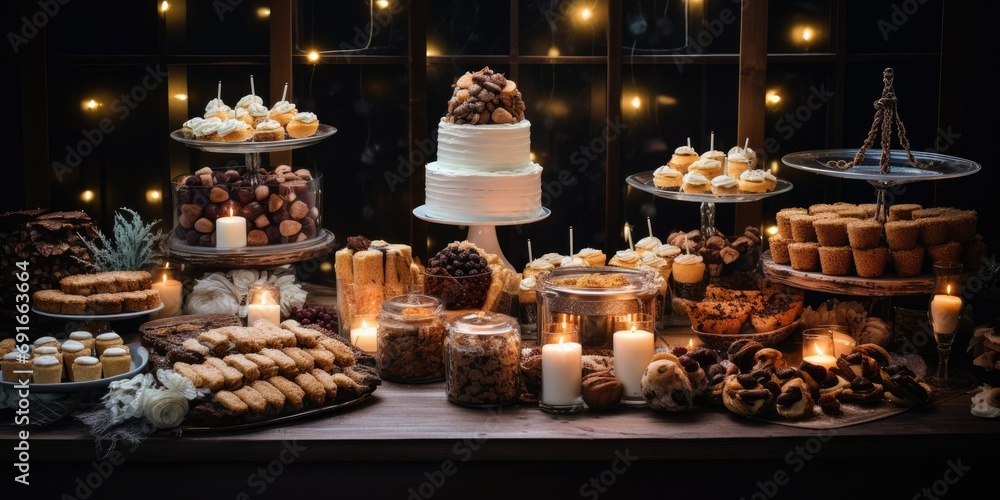 A festive dessert table with a variety of cakes, pies, and cookies for a celebration - Sweet and joyful - Soft, diffused lighting for a warm and inviting dessert spread - Wide-angle shot, 
