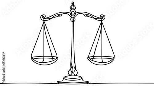 Continuous single drawn one line of scales of justice drawn from the hand a picture of the silhouette. Line art