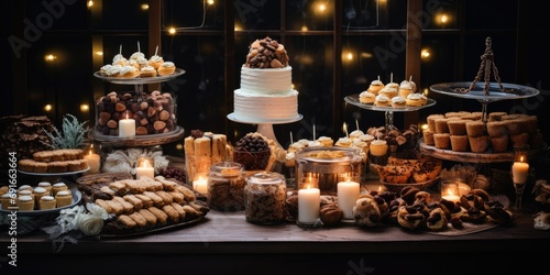 A festive dessert table with a variety of cakes, pies, and cookies for a celebration - Sweet and joyful - Soft, diffused lighting for a warm and inviting dessert spread - Wide-angle shot,  ©  Photography Magic