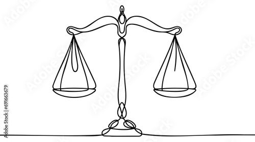 Continuous single drawn one line of scales of justice drawn from the hand a picture of the silhouette. Line art