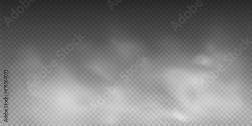 The image depicts various atmospheric phenomena such as fog, smoke, mist, and steam. The realistic 3D vector mockup shows a perspective view of white smog clouds. photo