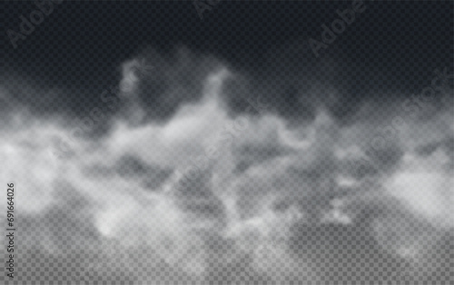 The image depicts various atmospheric phenomena such as fog, smoke, mist, and steam. The realistic 3D vector mockup shows a perspective view of white smog clouds.