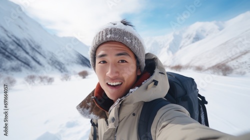 Traveler influencer taking selfie during travel in winter season backpack on alps mountain comeliness