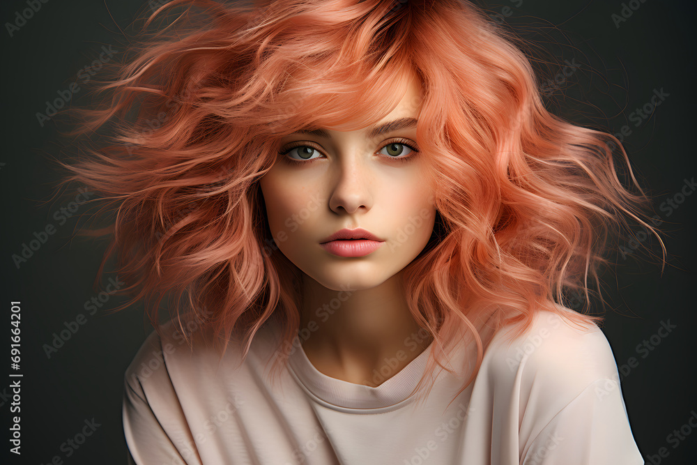 A nice girl with peach skin and pink hair. a young curly-haired woman, a model.