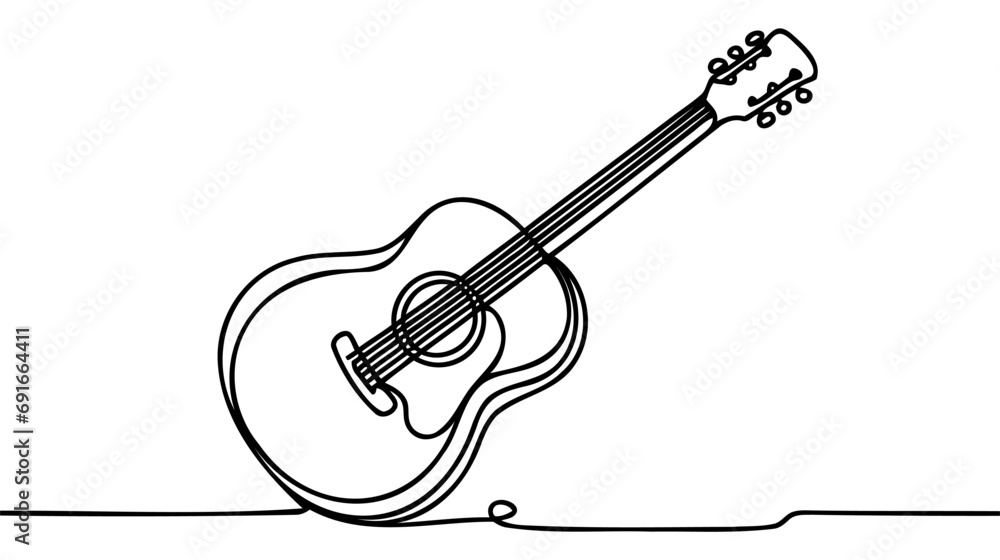 Obraz premium One single line drawing of wooden classic acoustic guitar.