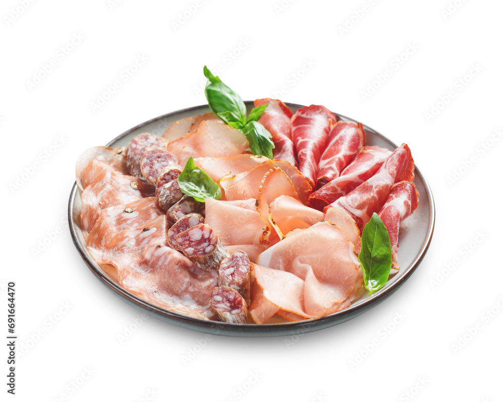 Cured Meat Platter, Antipasto Set, Appetizer Variety on Plate over White Background Cured Meat Platter, Antipasto Set, Appetizer Variety on Plate over White Background