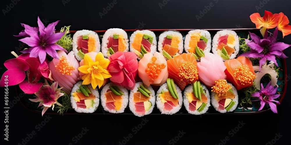 A plate of sushi rolls arranged in the shape of a colorful flower bouquet - Artistic and playful - Neon lighting for a modern and vibrant aesthetic - Top-down shot, 