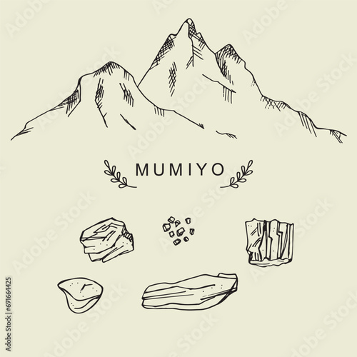 Shilajit vector illustration hand drawn. Mountain resin, mumijo drawn against  background of mountains. Oriental medicine, traditional,  alternative medicine, drug, black tarry. For print, card, desig