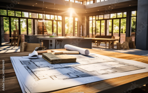 Architectural blueprints on a table with sunlight streaming through windows in a home under renovation with visible kitchen photo