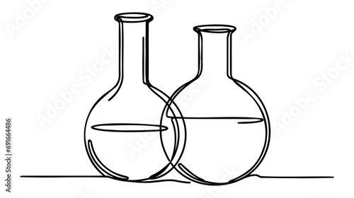 Two neck round bottom flask one line continuous drawing. Laboratory glass equipment continuous one line illustration.