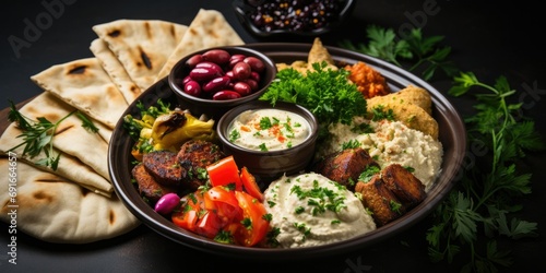 A platter of Mediterranean mezze featuring hummus, falafel, olives, and pita bread - Flavorful and shareable - Warm, natural light to enhance the vibrant colors - Eye-level shot, showcasing 