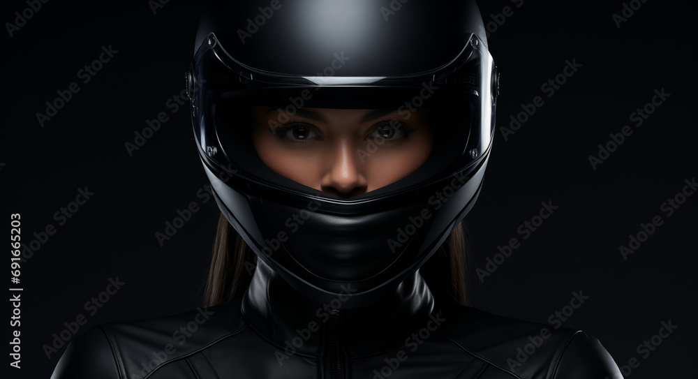 A young woman wears a motorcycle helmet on a black background.