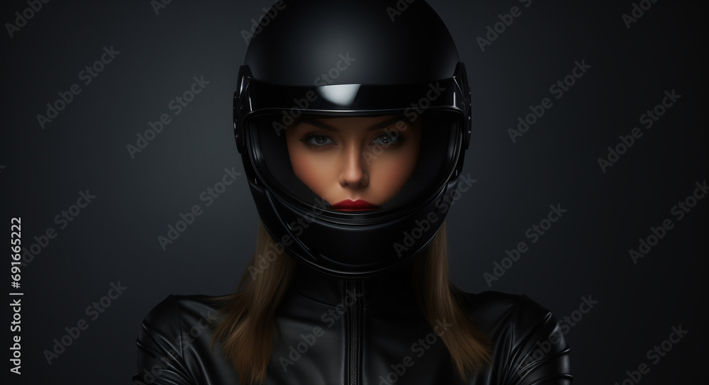 A pretty woman in a motorcycle helmet posing on a dark background.