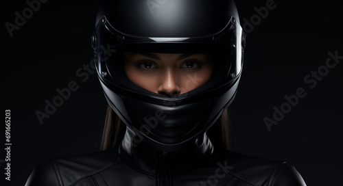 A young woman wears a motorcycle helmet on a black background.