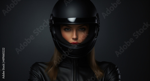 A pretty woman in a motorcycle helmet posing on a dark background. © Positive Click