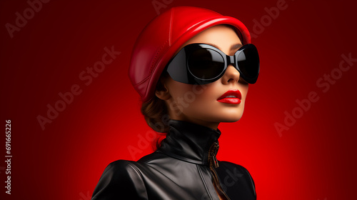 A lady with a red hat and sunglasses standing on a red background.