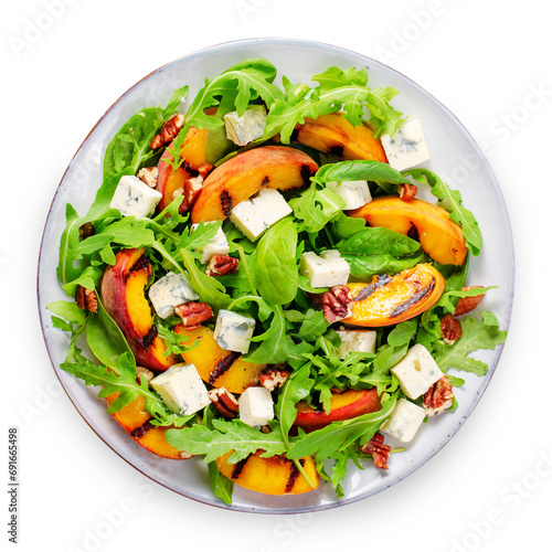 Grilled Peach Salad with Blue Cheese, Pecans and Arugula on White Background