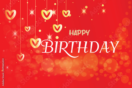 Happy birthday greeting card with gold hearts like garland golden glitter Birthday celebration horizontal vector banner message Red background Poster template Celebration illustration Gentle design