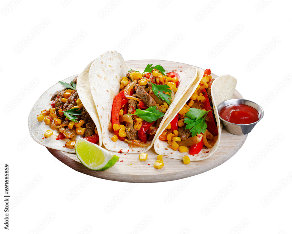 Mexican Tacos with Beef and Vegetables, Tacos al Pastor on White Background Mexican Tacos with Beef and Vegetables, Tacos al Pastor on White Background