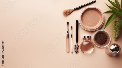 flat lay composition featuring eyebrow henna and tools on a beige background, with space for text, presenting the composition in a minimalist modern style that accentuates simplicity and elegance. photo