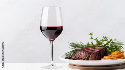 A glass of red wine, with grilled ribeye beef steak in the background, pure white background photography
