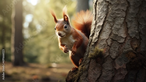 a large-sized red squirrel on a tree, capturing the essence of nature in a minimalist modern style, the charm and simplicity of the squirrel against the backdrop of the tree. © lililia