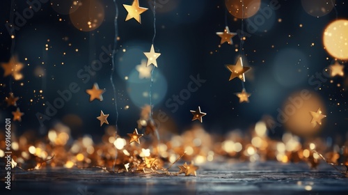 Christmas background with gold stars and light bokeh effect on blue background