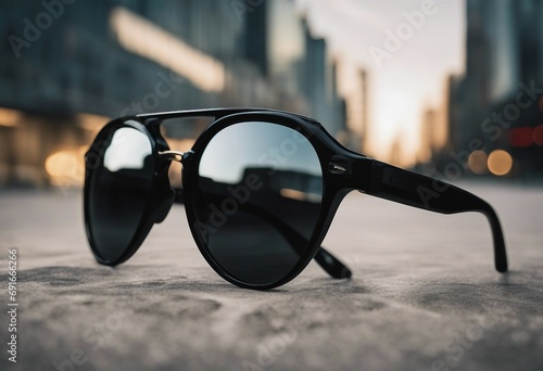 Classic black sunglasses front view isolated partial transparency photo