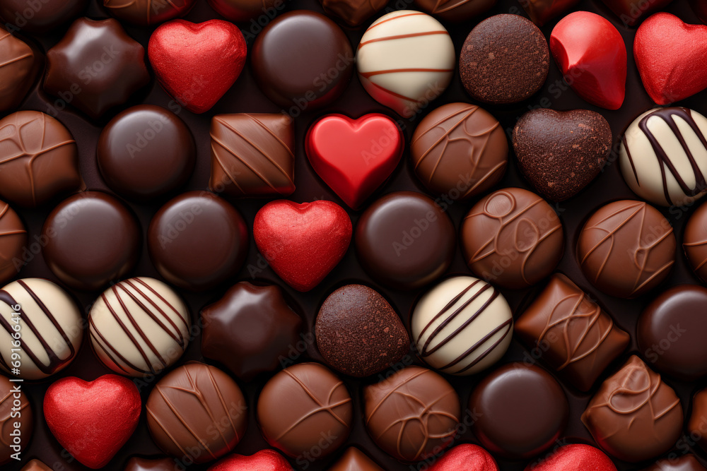 Delicious and sweet assorted chocolates. White, dark and milk chocolate. Sweets background. Generative AI Delicious and sweet assorted chocolates. White, dark and milk chocolate. Sweets background. Generative AI