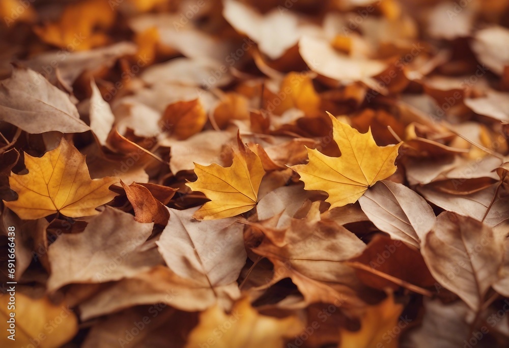 Fall background with various dry leaves in neutral pastel shades arranged in