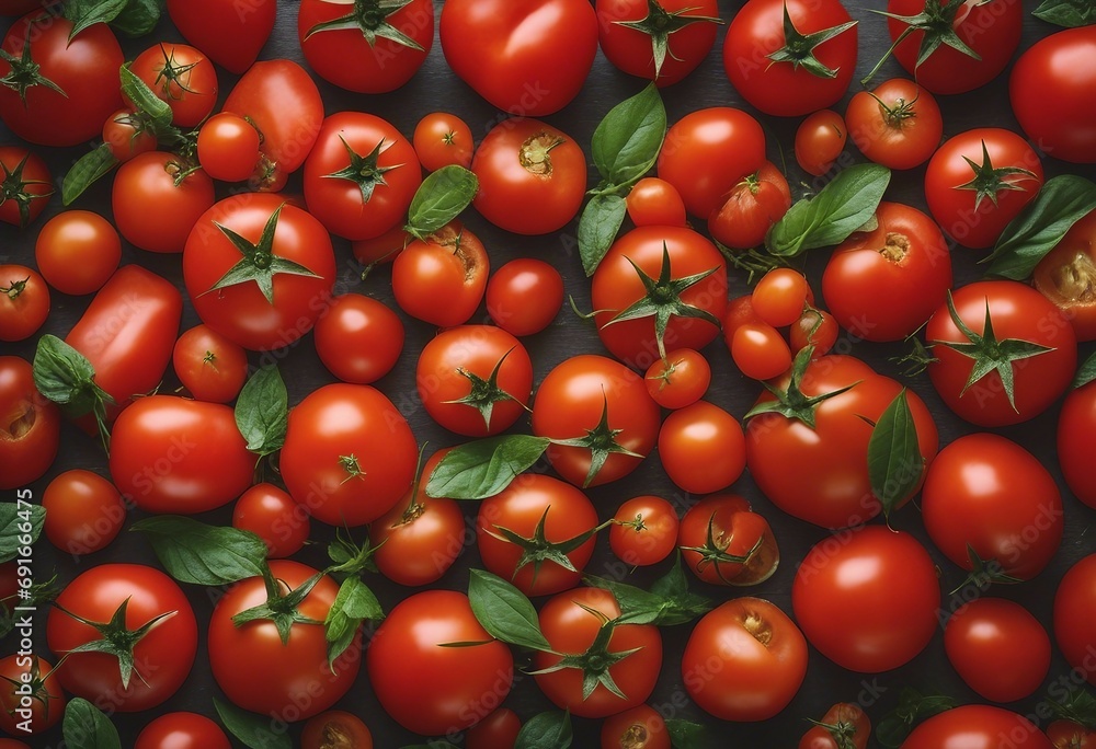 Food cooking diet or garden design element made of ripe whole and sliced tomatoes basil leaves Food cooking diet or garden design element made of ripe whole and sliced tomatoes basil leaves