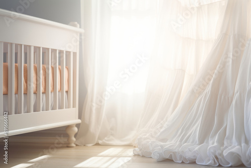 White crib with blanket standing in cute baby room. Generative AI