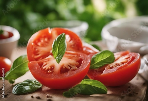 Food cooking diet or garden design element made of ripe whole and sliced tomatoes basil leaves