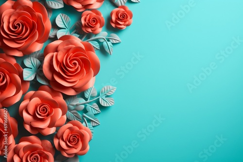 Turquoise Roses Flower Border Over a Coral Background With Copy Space. Copy space.