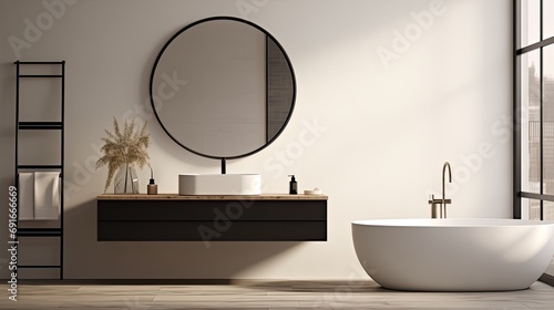 round illuminated mirror above the washbasin in a modern minimalist bathroom, as well as the implementation of balanced lighting