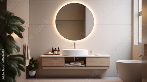 round illuminated mirror above the washbasin in a modern minimalist bathroom  as well as the implementation of balanced lighting
