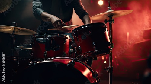 drummer playing drum kit in studio, close up