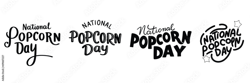 Obraz premium Collection of National Popcorn Day inscription. Set of handwriting text National Popcorn Day black banner. Hand drawn vector art.