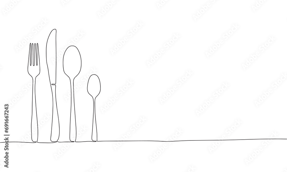 One line continuous cutlery. Line art fork, knife, spoon outline. Hand drawn vector art. - obrazy, fototapety, plakaty 