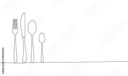 One line continuous cutlery. Line art fork, knife, spoon outline. Hand drawn vector art.