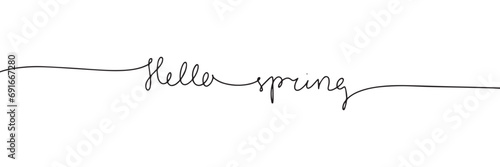 Hello spring one line continuous text banner. Handwriting line art text. Hand drawn vector art photo