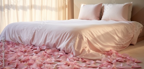 Elegant bedspread decorated with soft  pastel-colored rose petals.