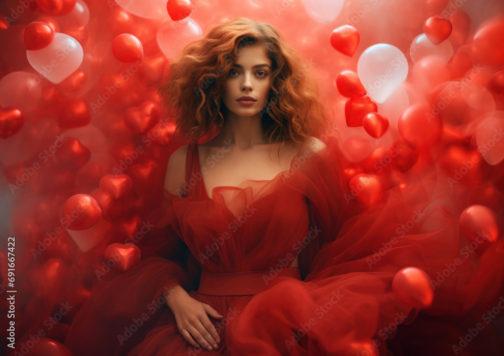 A captivating beauty in a lavish red gown gracefully sits among an ocean of red heart-shaped balloons