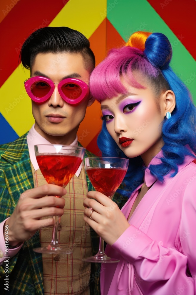 Stylish couple with bold fashion and colored hair holding cocktails against geometric backdrop