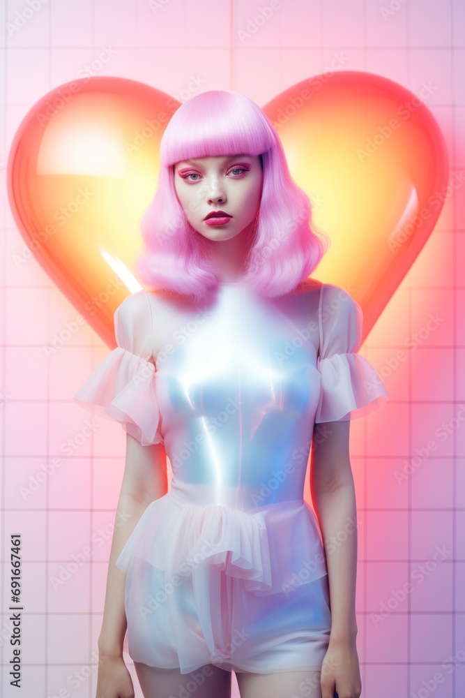 A model with pink hair and a futuristic silver outfit stands before a glowing heart-shaped backdrop, evoking a cyberpunk romance theme