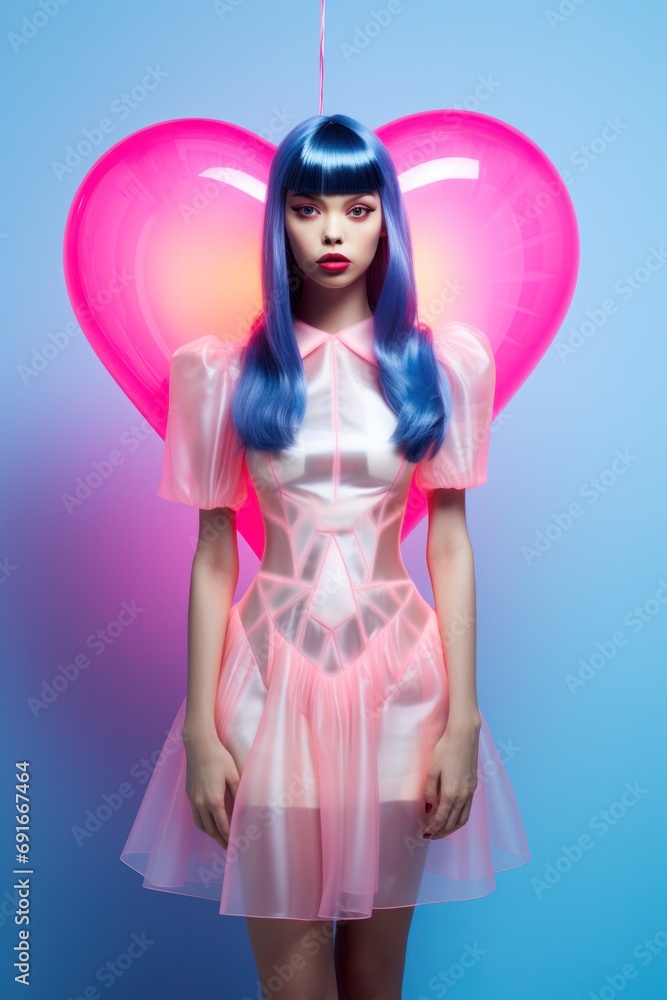 Trendy woman with striking blue hair in translucent pink dress against heart light Trendy woman with striking blue hair in translucent pink dress against heart light