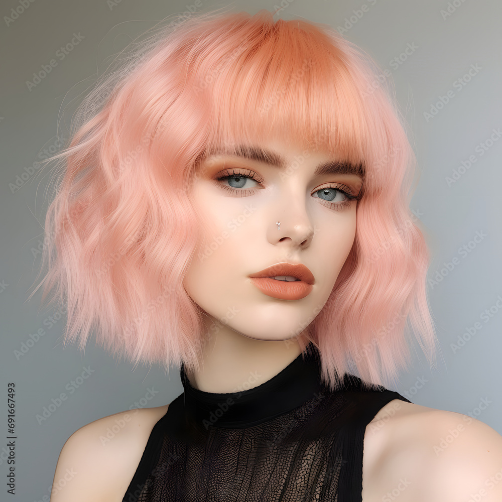 a female model with hair in pink and peach fuzz shades. a young woman with perfect makeup and hairstyle with bangs, a gentle girlish image. a female model with hair in pink and peach fuzz shades. a young woman with perfect makeup and hairstyle with bangs, a gentle girlish image.